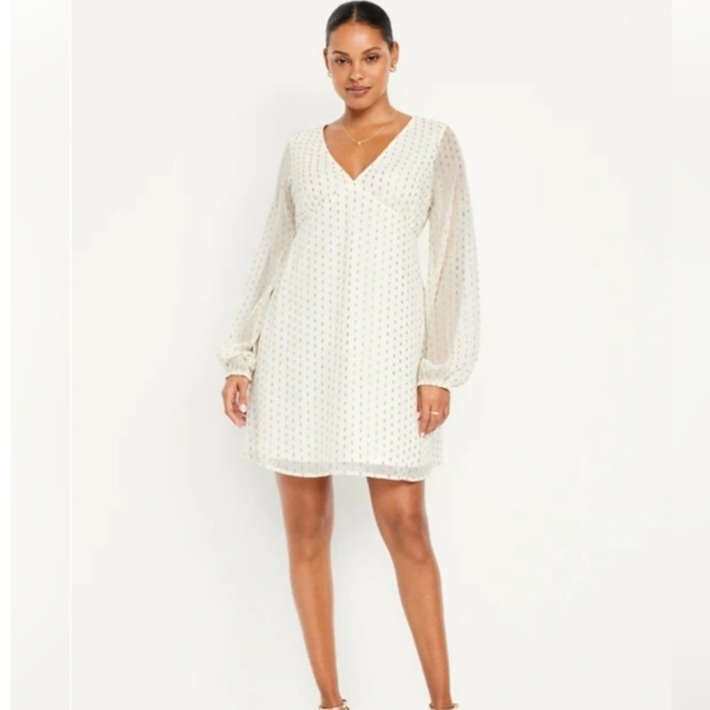 Old Navy Ivory Gold Metallic Clip Dot V-Neck‎ Mini Dress Womens L Holiday Boho